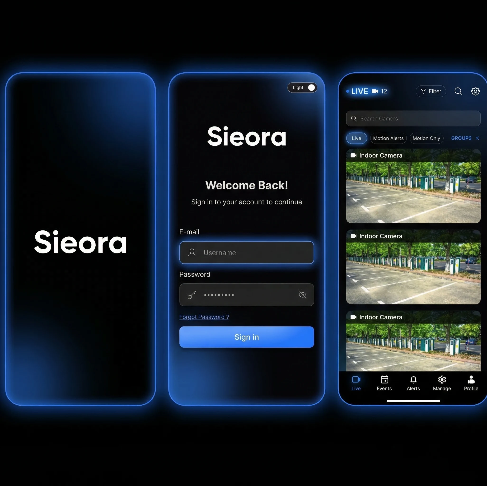 Sieora remote video monitoring on mobile and web — live camera access from anywhere